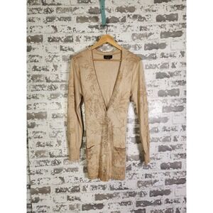 Eddie Bauer‎ Cardigan Sweater Large Brown Cotton Cashmere Belted Botanical Vtg.